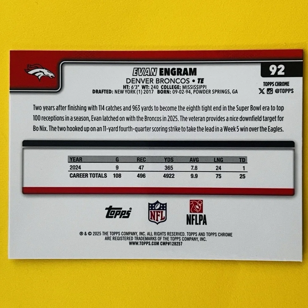 2025‎ Topps Chrome NFL Football Evan Engram #92 Denver Broncos